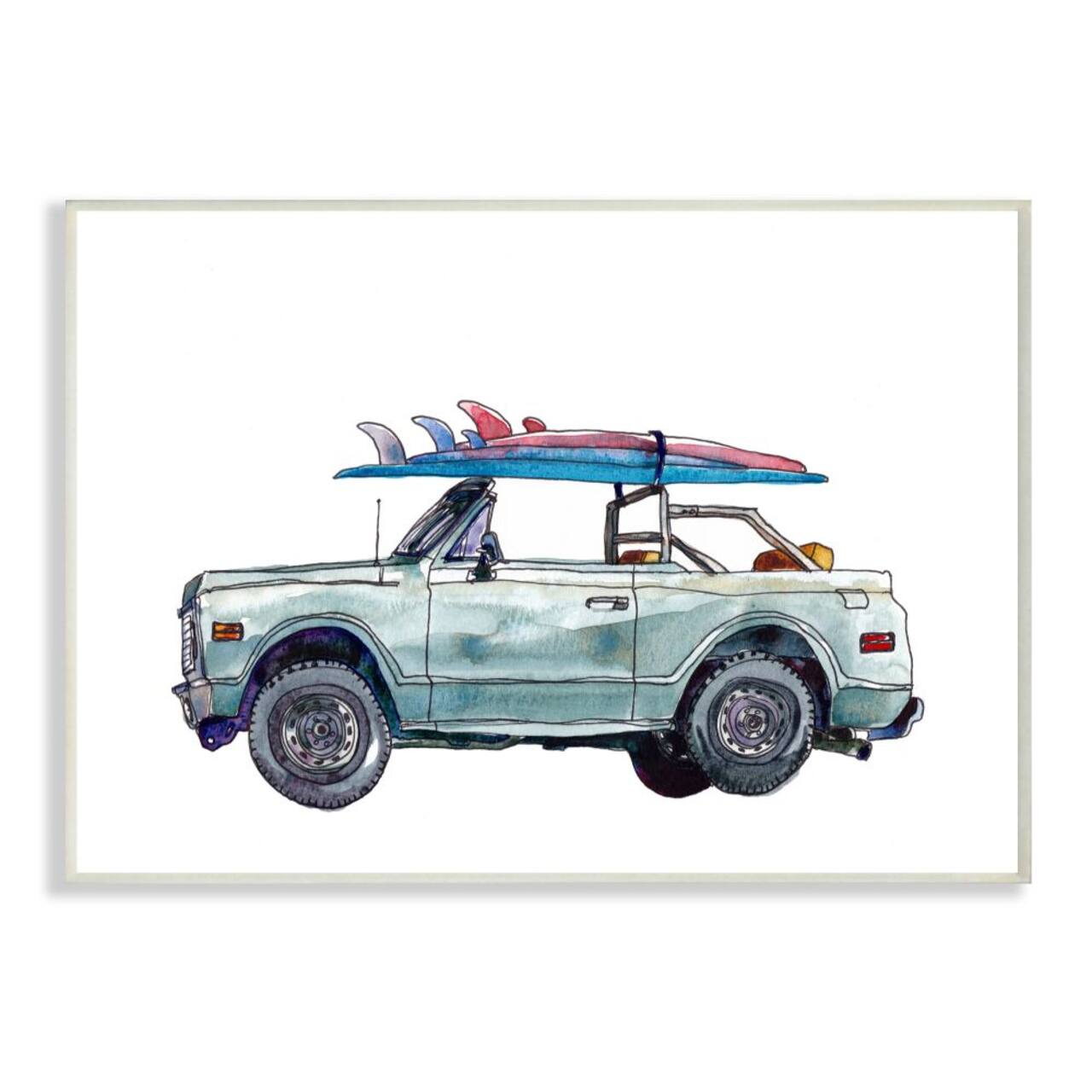 Stupell Industries Retro Beach Cruiser with Surfboard Minimal Illustration Wood Wall Plaque